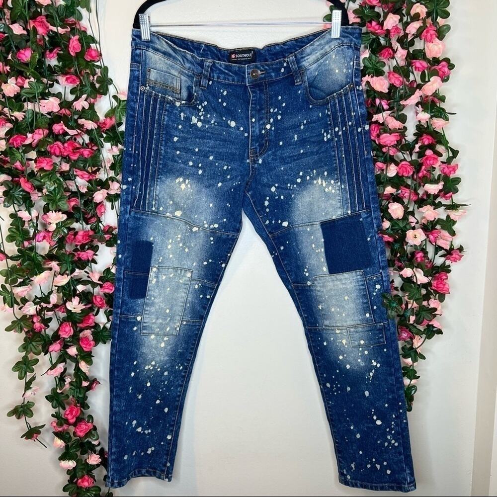 South Pole Paint Splatter Skinny Jeans Mens 36x30 Blue Y2K Streetwear 🌹